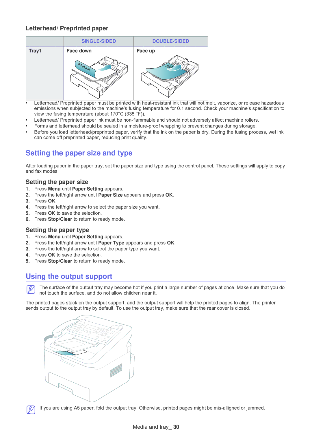 Muratec F-116 manual Setting the paper size and type, Using the output support, Letterhead/ Preprinted paper 