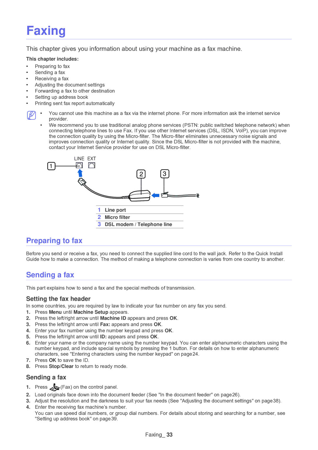 Muratec F-116 manual Faxing, Preparing to fax, Sending a fax, Setting the fax header 