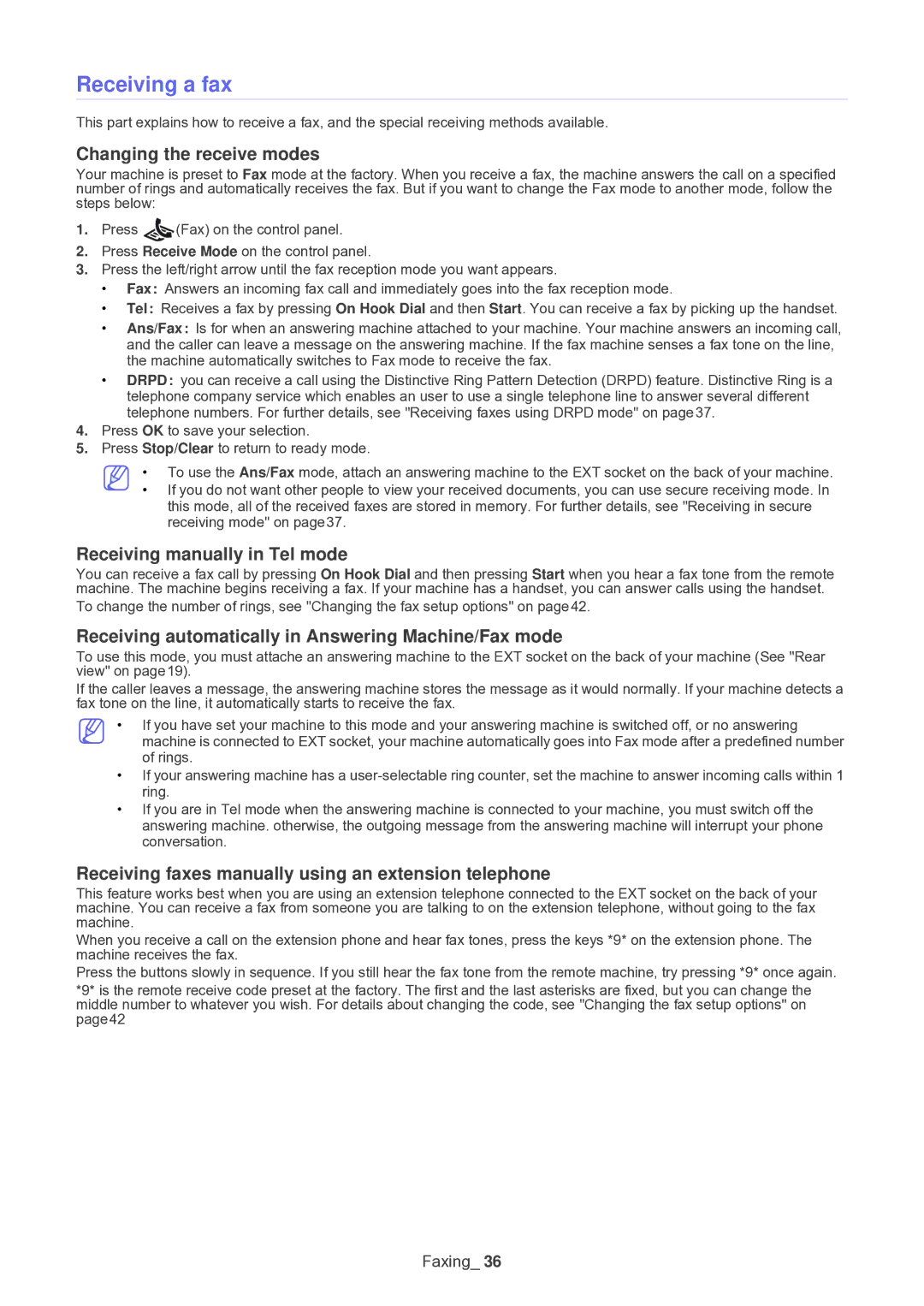 Muratec F-116 Receiving a fax, Changing the receive modes, Receiving manually in Tel mode 