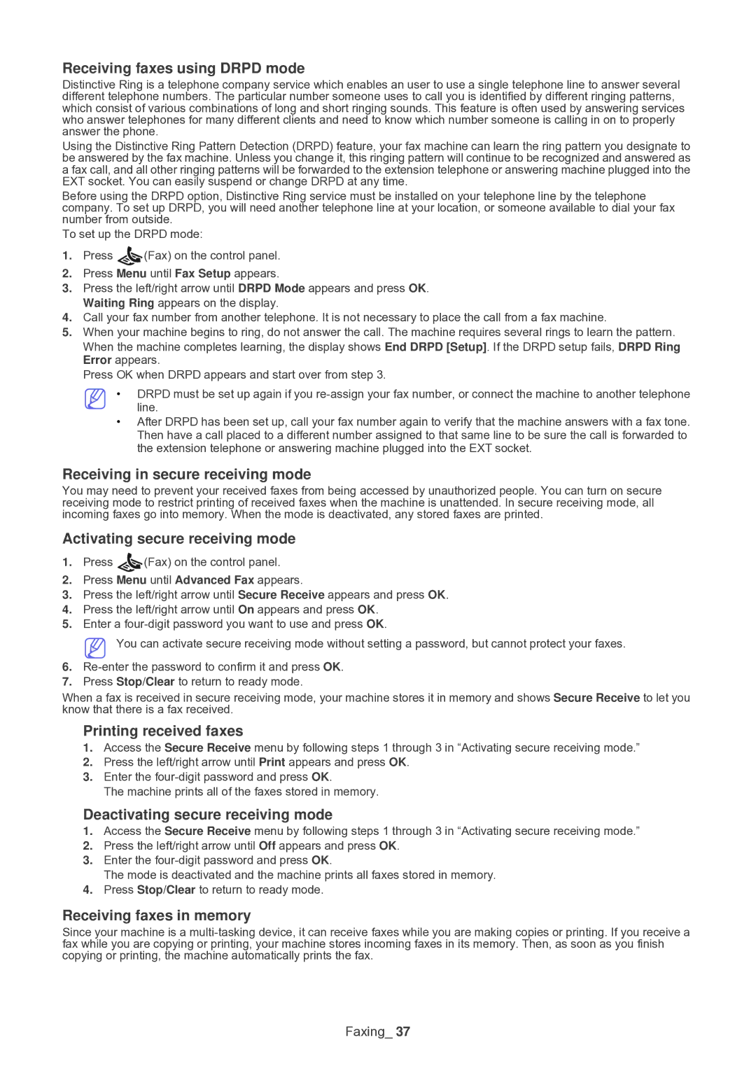 Muratec F-116 manual Receiving faxes using Drpd mode, Receiving in secure receiving mode, Activating secure receiving mode 