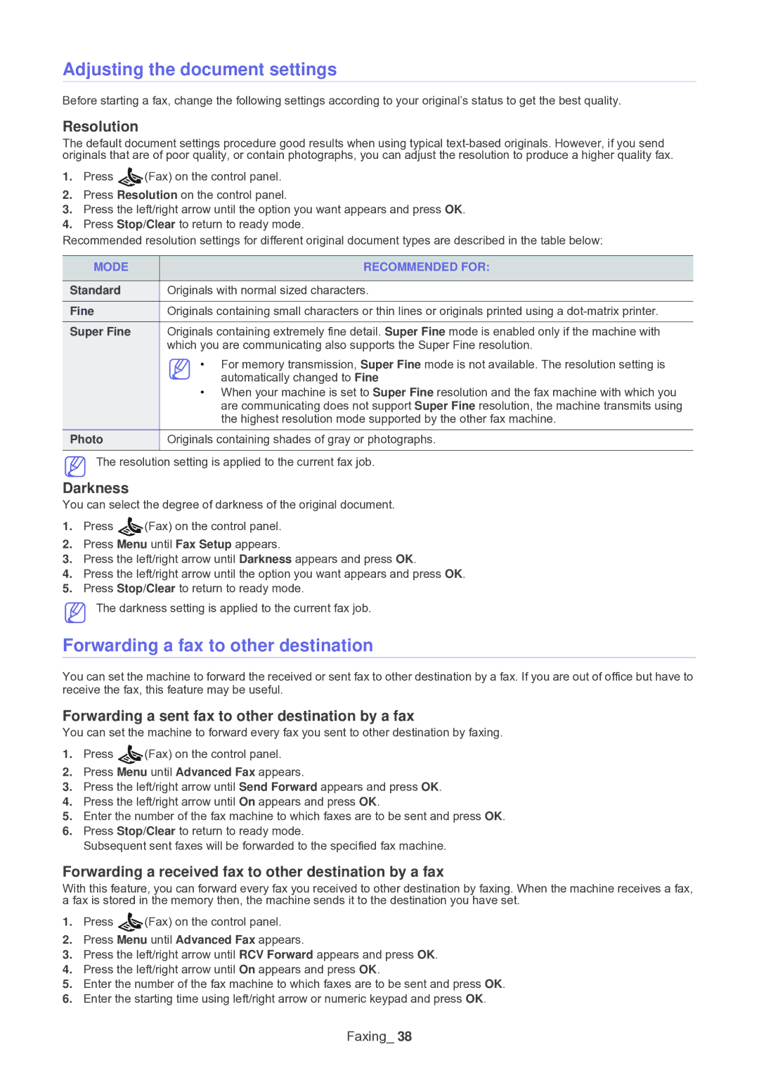 Muratec F-116 manual Adjusting the document settings, Forwarding a fax to other destination 