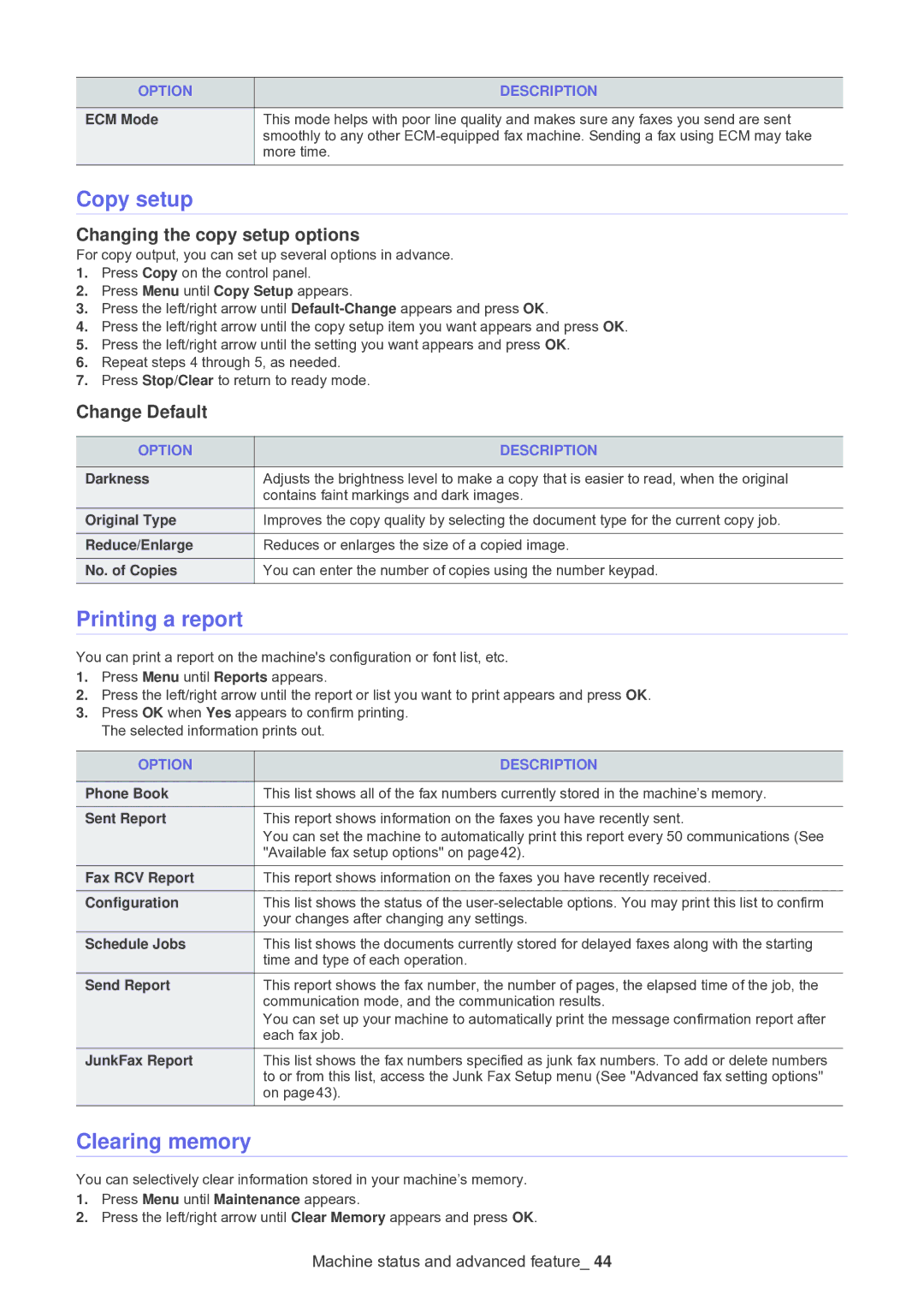 Muratec F-116 manual Copy setup, Printing a report, Clearing memory, Changing the copy setup options, Change Default 