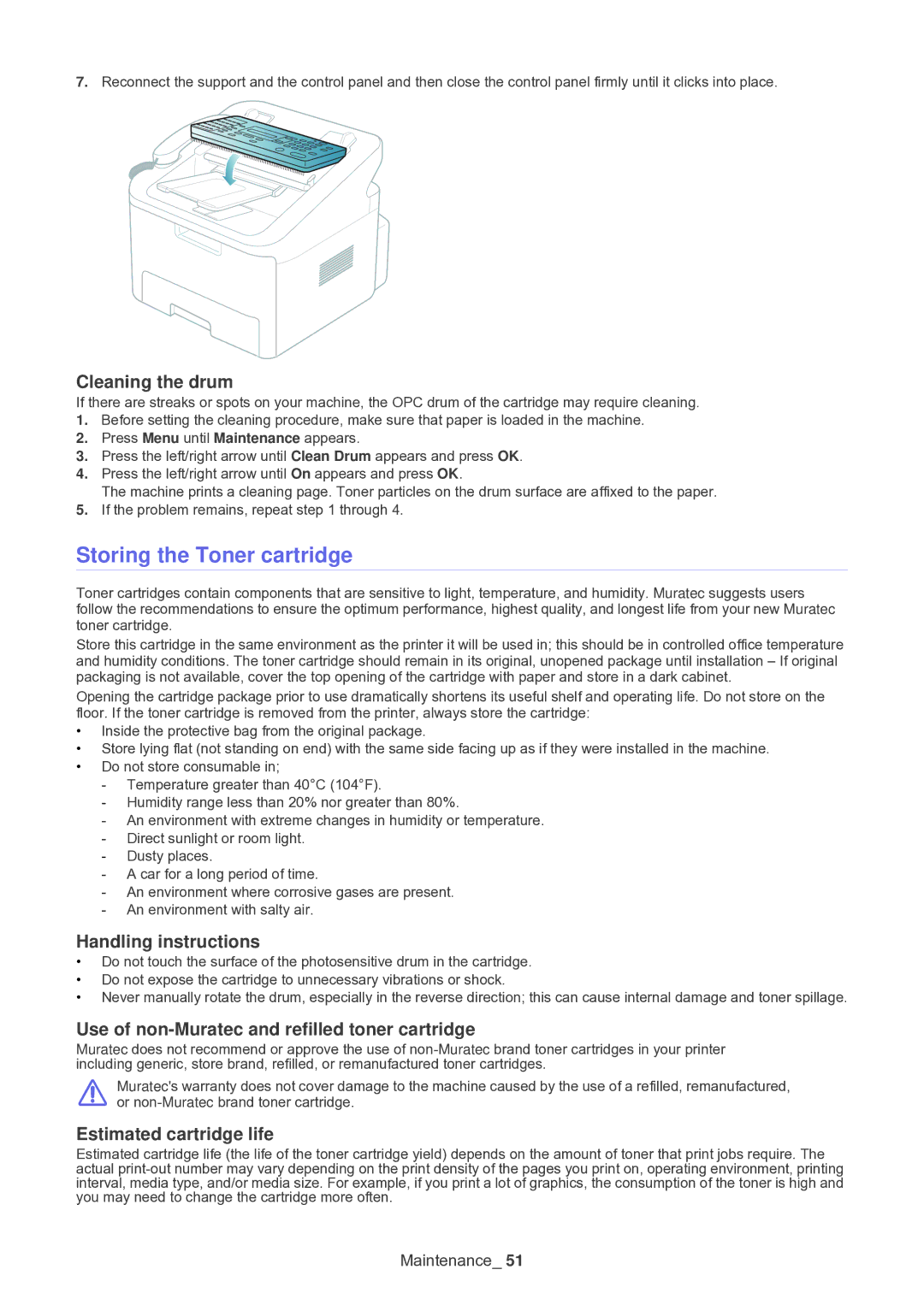 Muratec F-116 manual Storing the Toner cartridge, Cleaning the drum, Handling instructions, Estimated cartridge life 