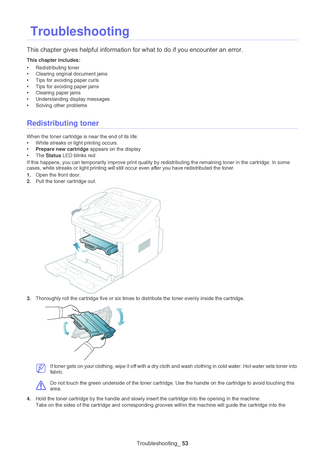 Muratec F-116 manual Troubleshooting, Redistributing toner 