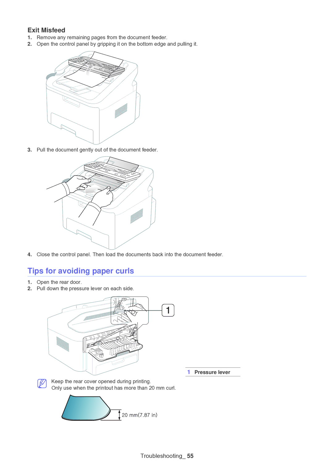 Muratec F-116 manual Tips for avoiding paper curls, Exit Misfeed, Pressure lever 