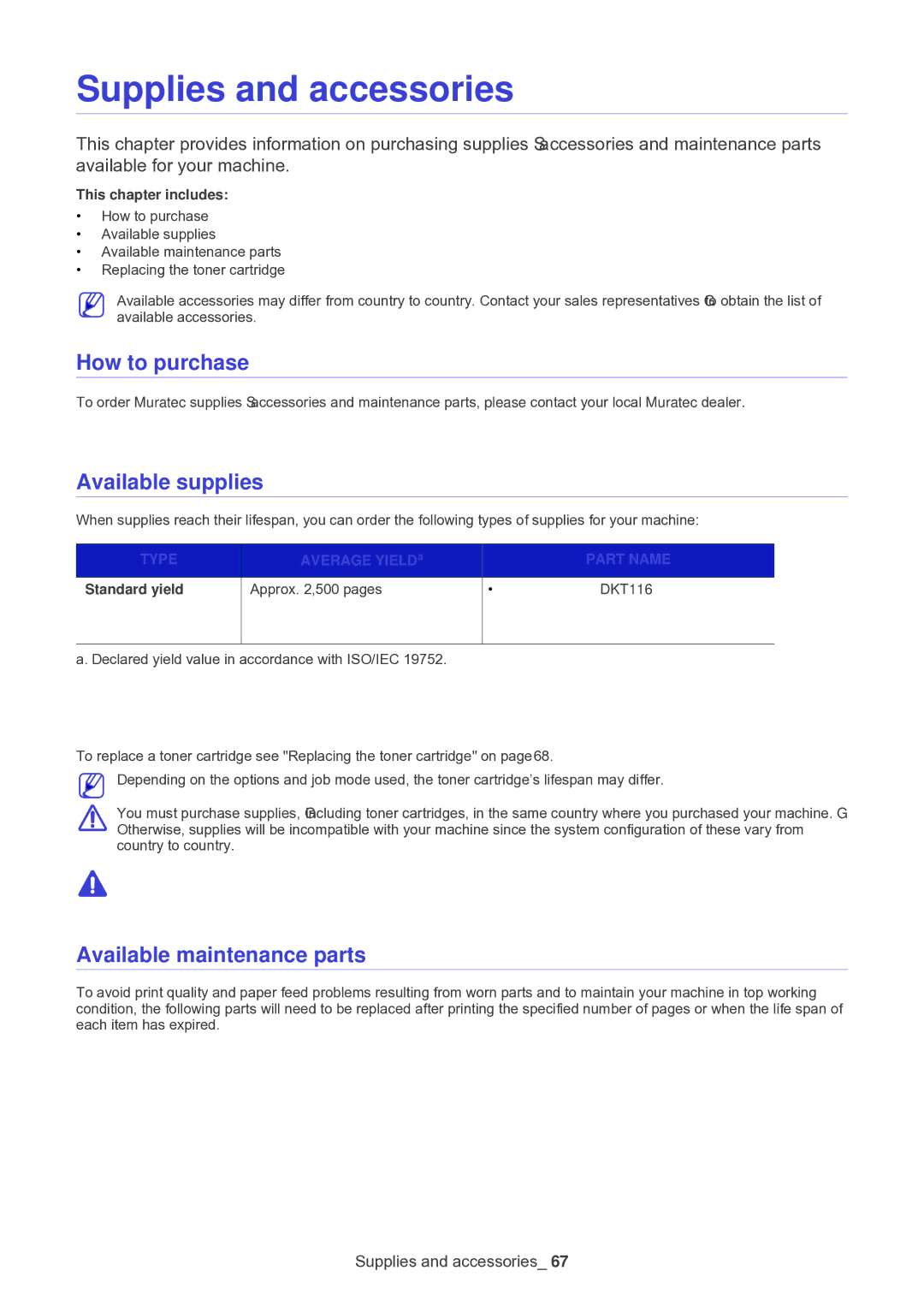 Muratec F-116 manual Supplies and accessories, How to purchase, Available supplies, Available maintenance parts 