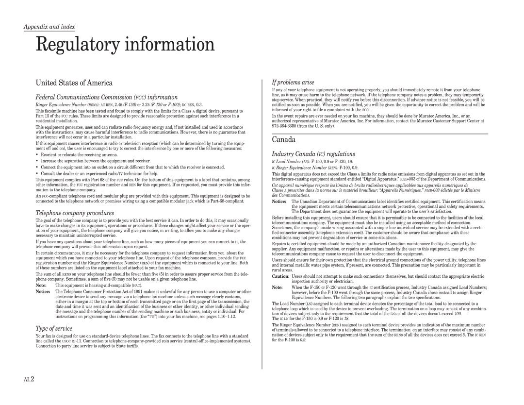 Muratec F-120, F-150, F-100 manual Regulatory information 