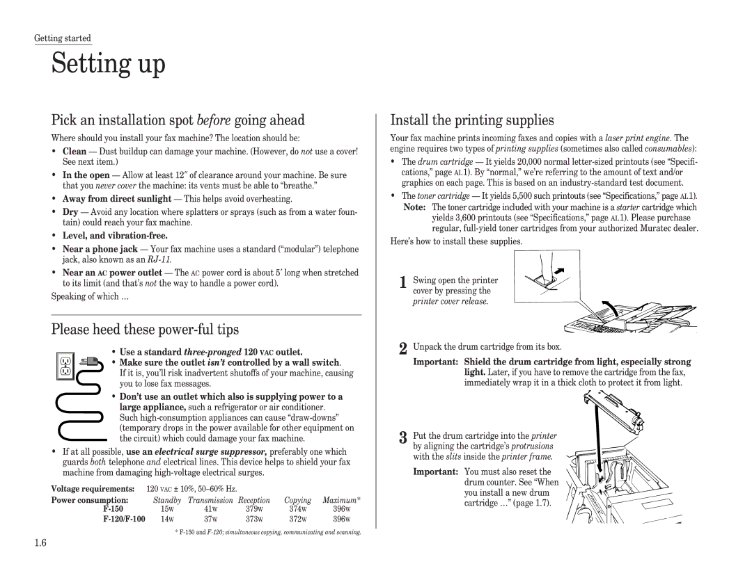 Muratec F-120, F-150, F-100 manual Setting up, Pick an installation spot before going ahead, Please heed these power-ful tips 