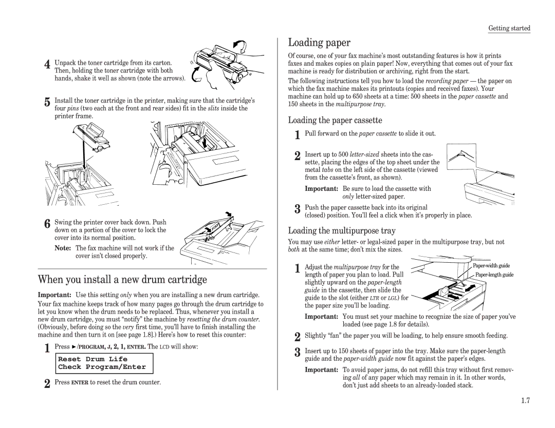 Muratec F-150, F-100, F-120 manual Loading paper, When you install a new drum cartridge, Loading the paper cassette 