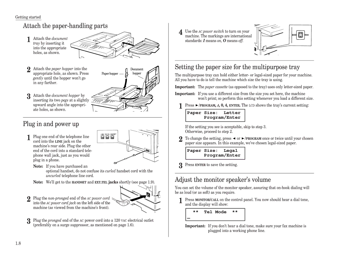 Muratec F-100 Attach the paper-handling parts, Plug in and power up, Setting the paper size for the multipurpose tray 