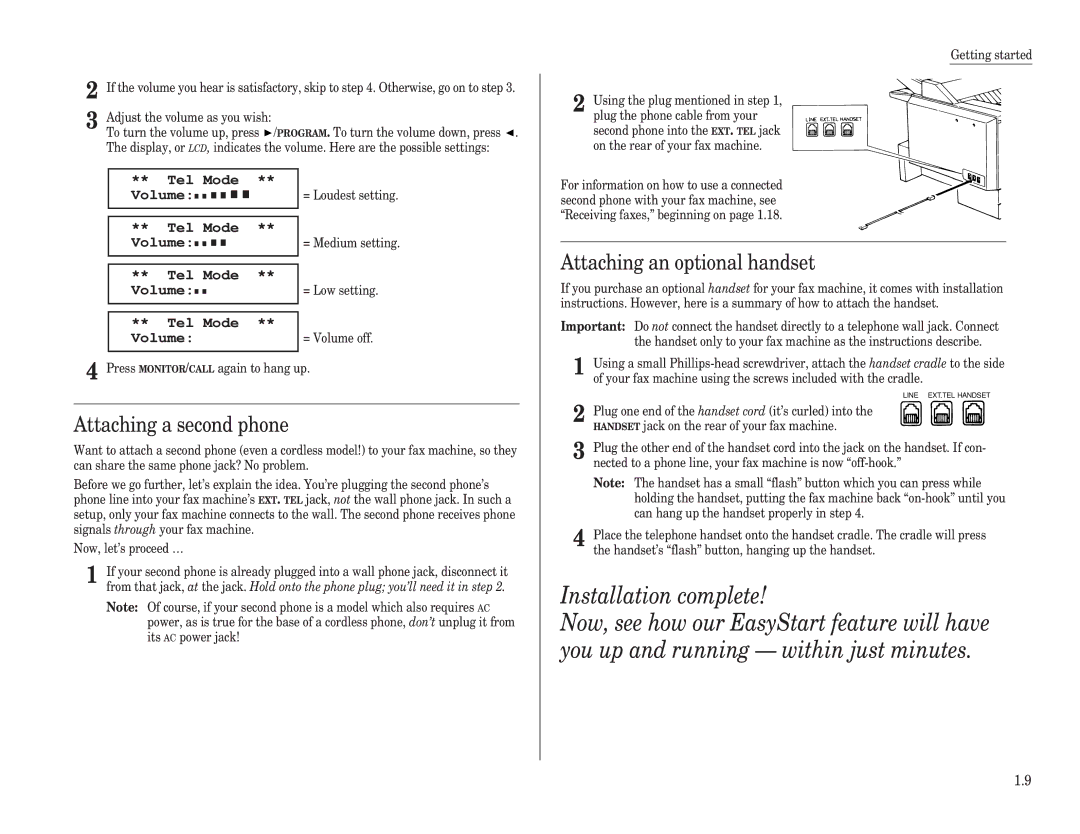 Muratec F-120, F-150, F-100 manual Attaching an optional handset, Attaching a second phone, Tel Mode ** Volumen n n n n n 