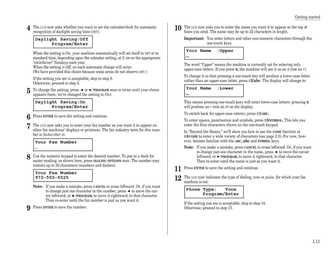 Muratec F-100, F-150 Daylight SavingOff Program/Enter, Daylight SavingOn Program/Enter, Your Fax Number, Your Name Upper 