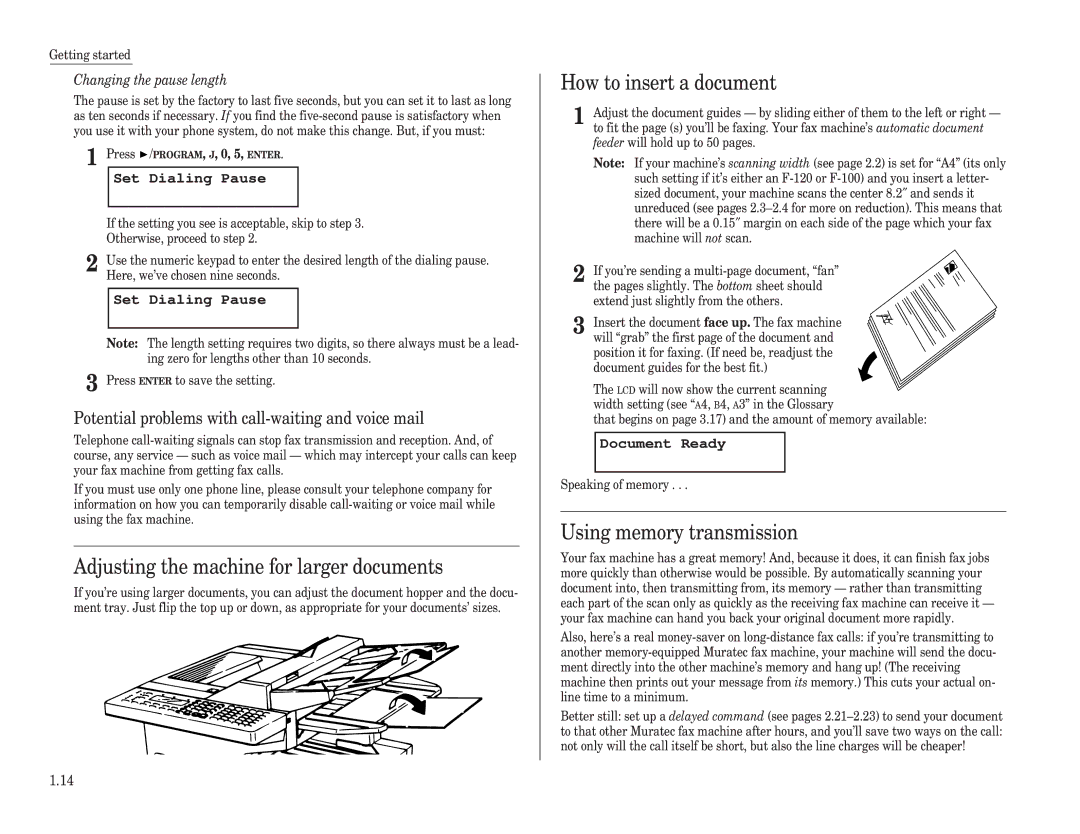 Muratec F-100, F-150, F-120 Adjusting the machine for larger documents, How to insert a document, Using memory transmission 