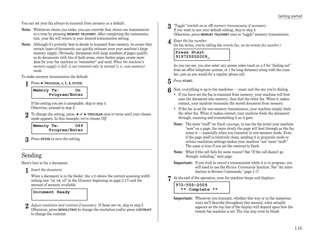 Muratec F-120, F-150, F-100 manual Sending, Memory Tx On Program/Enter, Memory Tx Off Program/Enter, Press Start, Complete 