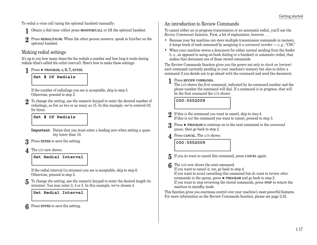 Muratec F-100, F-150 Making redial settings, An introduction to Review Commands, Set # Of Redials, Set Redial Interval 