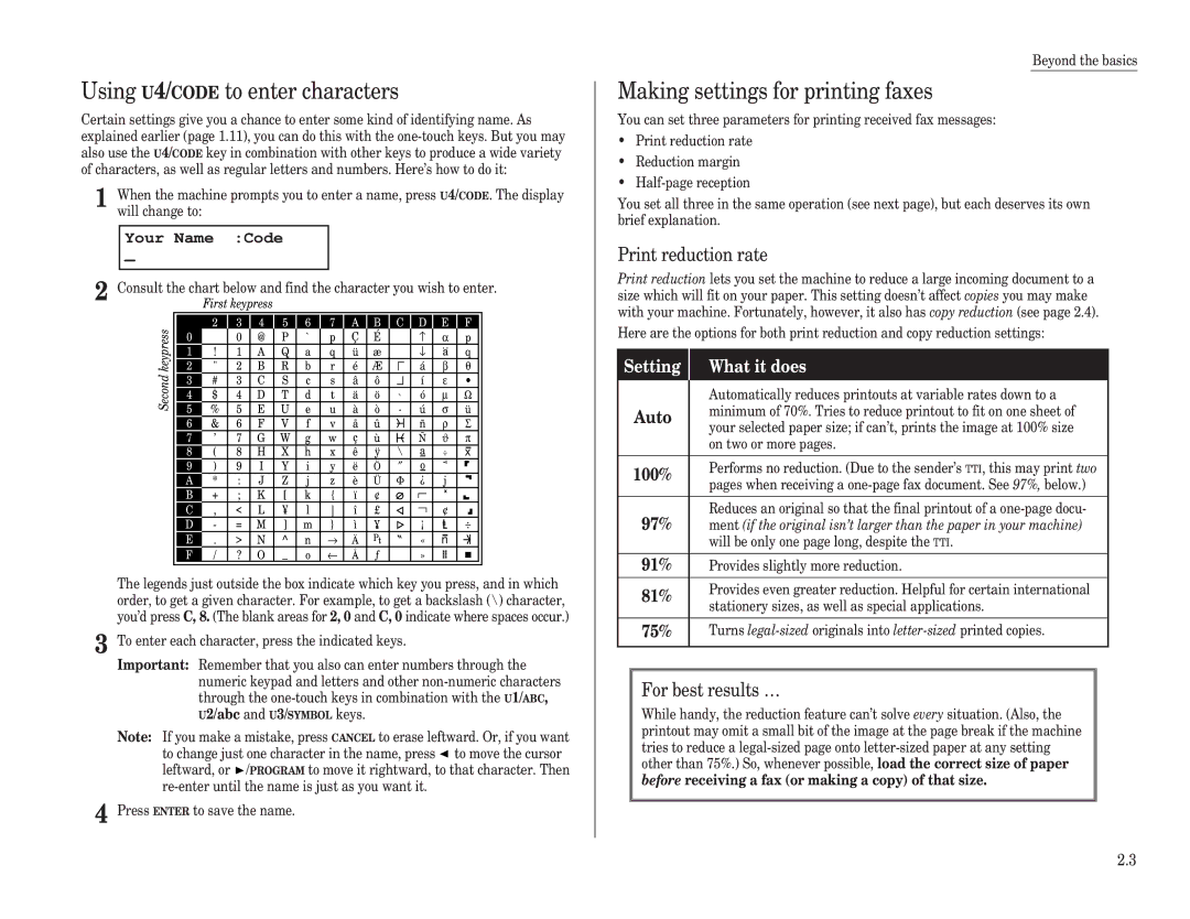 Muratec F-120 Using U4/CODE to enter characters, Making settings for printing faxes, Print reduction rate, Your Name Code 