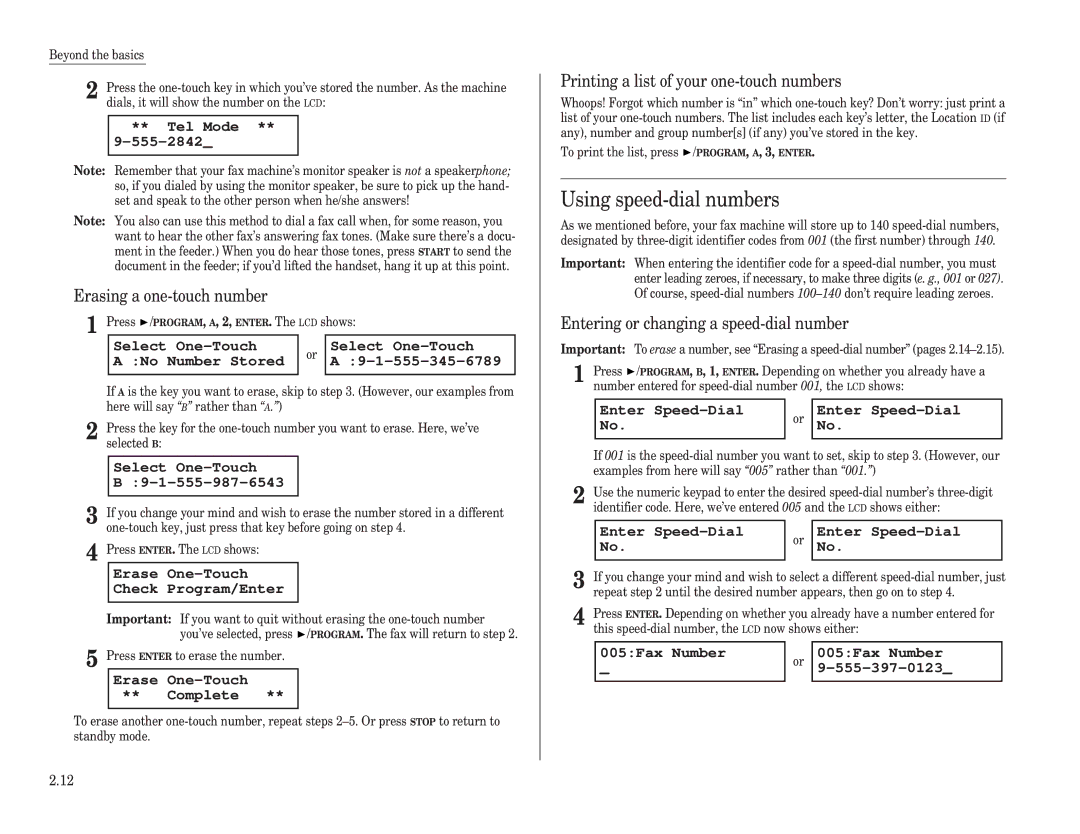 Muratec F-120, F-150, F-100 Using speed-dial numbers, Erasing a one-touch number, Printing a list of your one-touch numbers 