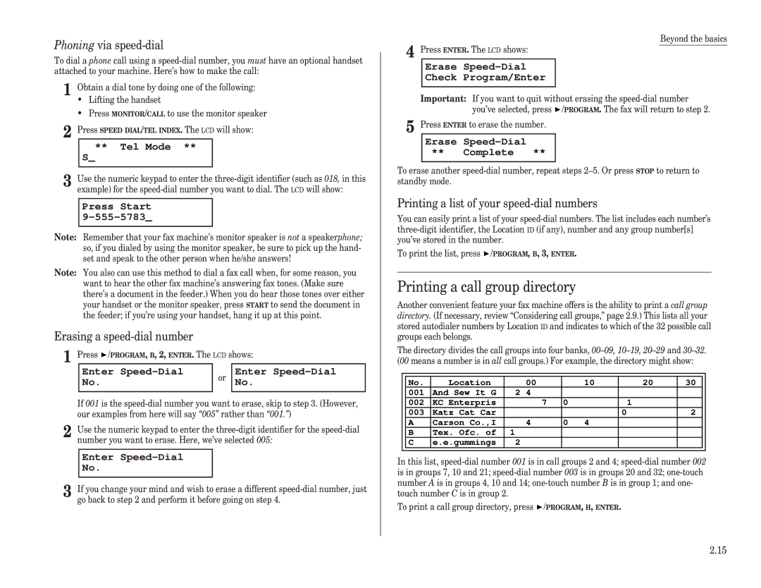 Muratec F-120, F-150, F-100 manual Printing a call group directory, Phoning via speed-dial, Erasing a speed-dial number 