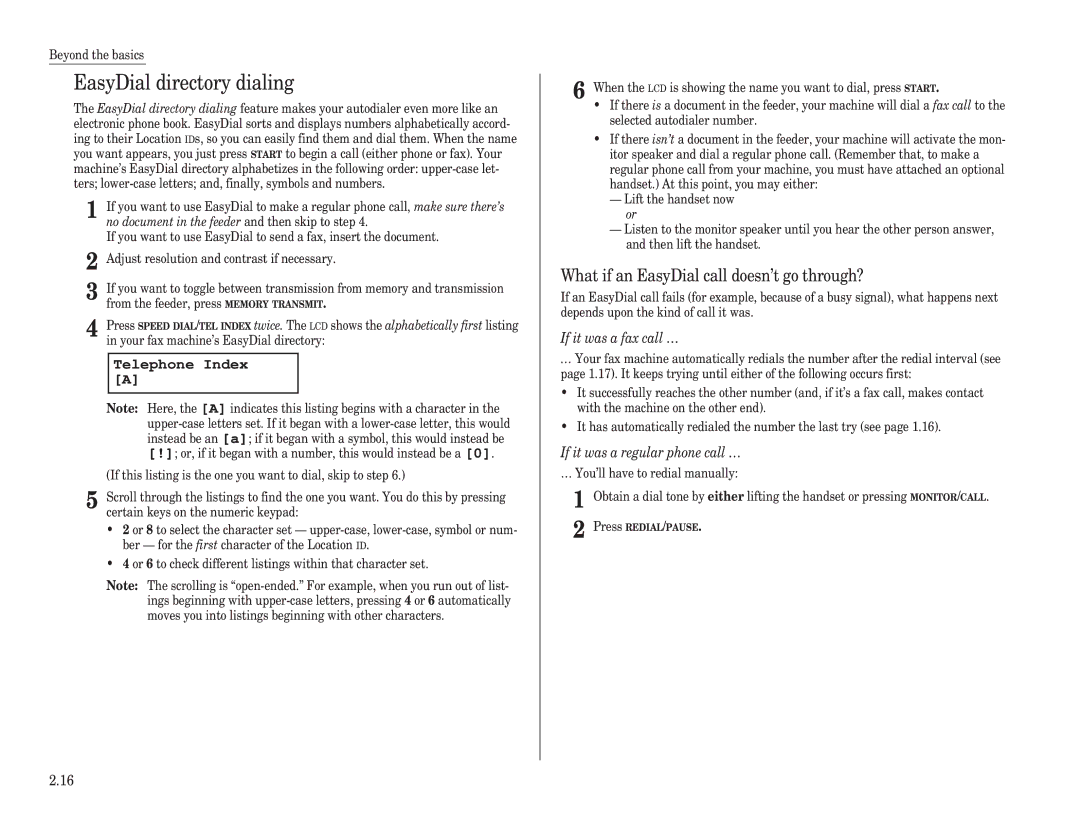 Muratec F-150, F-100, F-120 EasyDial directory dialing, What if an EasyDial call doesn’t go through?, Telephone Index a 