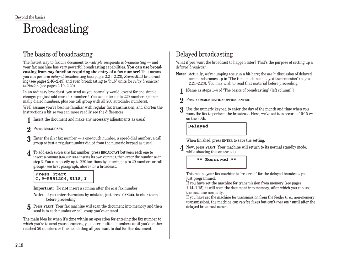 Muratec F-120, F-150, F-100 manual Broadcasting, Basics of broadcasting, Delayed broadcasting 