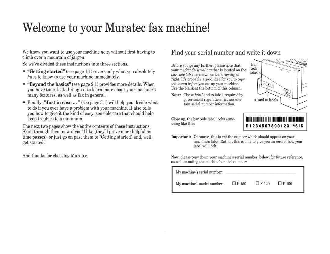 Muratec F-120, F-150, F-100 manual Welcome to your Muratec fax machine, Find your serial number and write it down 