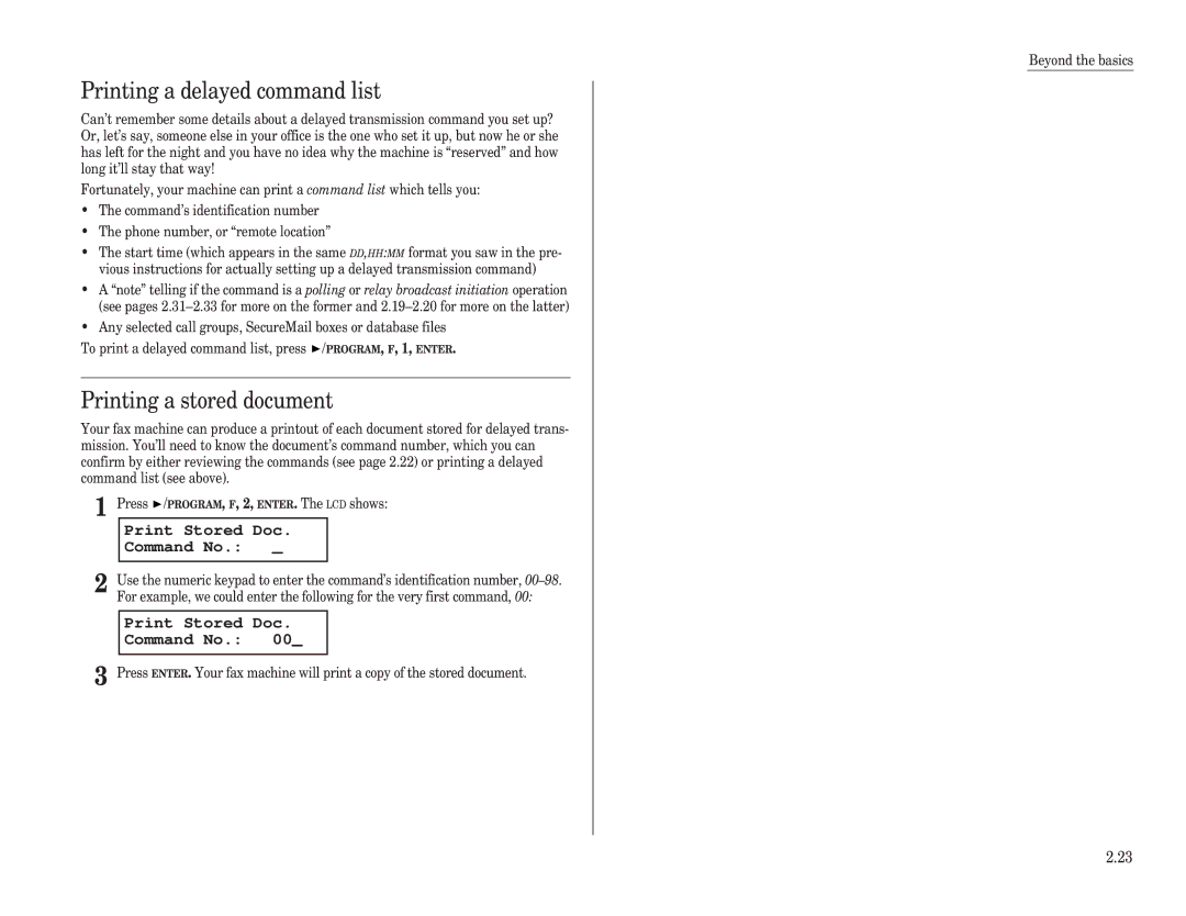 Muratec F-100, F-150, F-120 manual Printing a delayed command list, Printing a stored document, Print Stored Doc Command No 