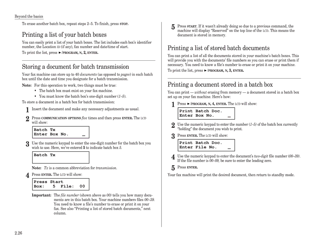 Muratec F-100, F-150, F-120 manual Printing a list of your batch boxes, Storing a document for batch transmission 