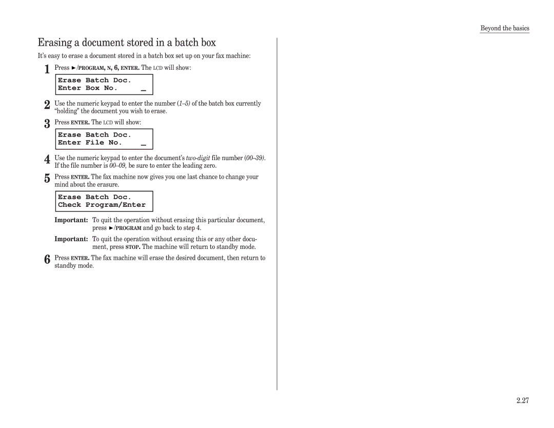 Muratec F-120, F-150 Erasing a document stored in a batch box, Erase Batch Doc Enter Box No, Erase Batch Doc Enter File No 