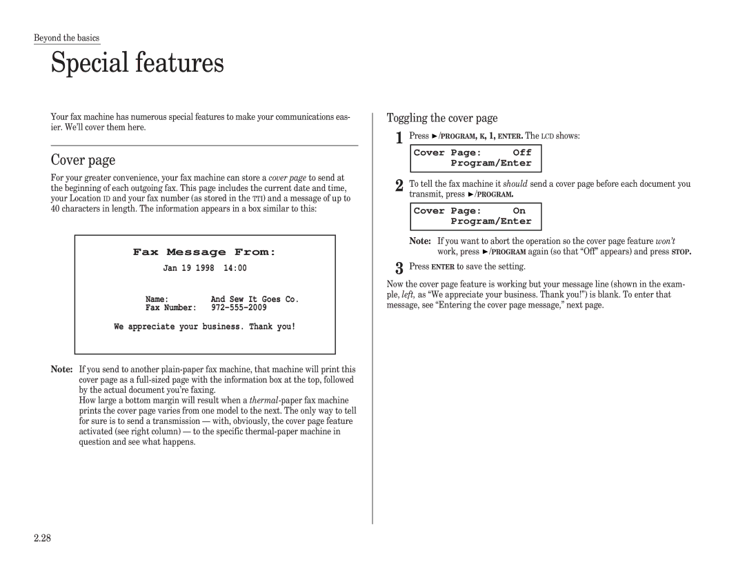 Muratec F-150, F-100, F-120 manual Special features, Cover, Toggling the cover 