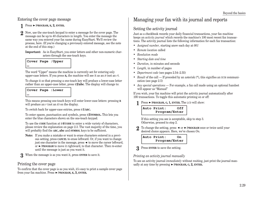 Muratec F-100, F-150 Managing your fax with its journal and reports, Entering the cover page message, Printing the cover 