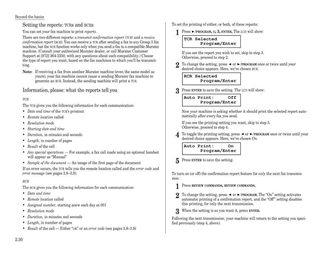 Muratec F-120 Setting the reports TCRs and RCRs, Information, please what the reports tell you, TCR Selected Program/Enter 