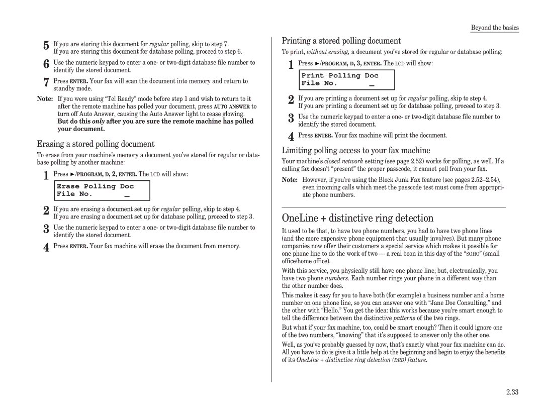 Muratec F-120 OneLine + distinctive ring detection, Erasing a stored polling document, Printing a stored polling document 