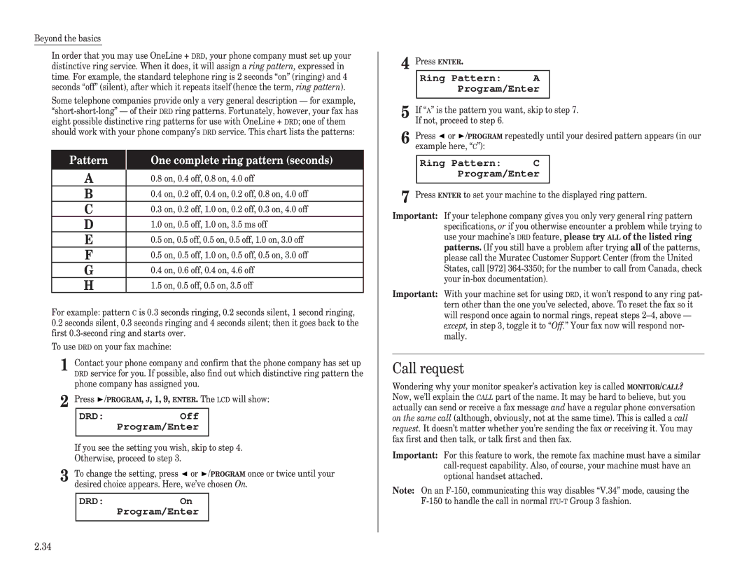 Muratec F-150, F-100, F-120 manual Call request, DRDOff Program/Enter, DRDOn Program/Enter, Ring Pattern a Program/Enter 