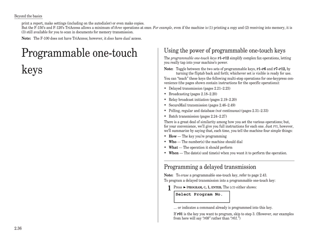 Muratec F-120, F-150, F-100 Programmable one-touch keys, Using the power of programmable one-touch keys, Select Program No 