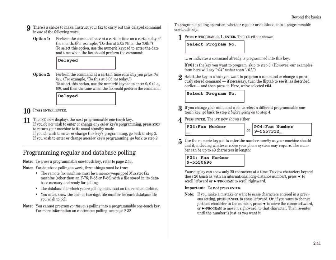 Muratec F-100, F-150, F-120 manual Programming regular and database polling, P04Fax Number 5557312, P04 Fax Number 