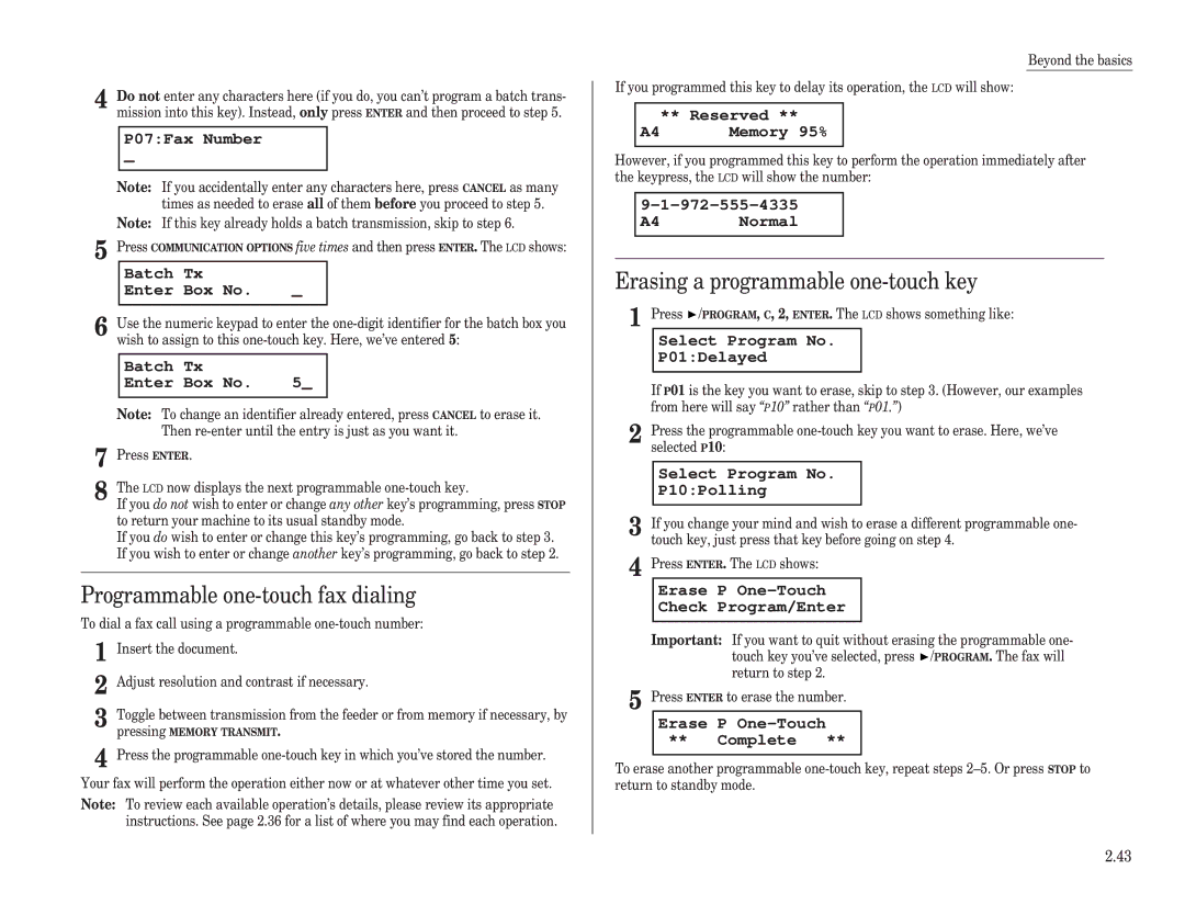 Muratec F-150, F-100, F-120 manual Programmable one-touch fax dialing, Erasing a programmable one-touch key, P07Fax Number 