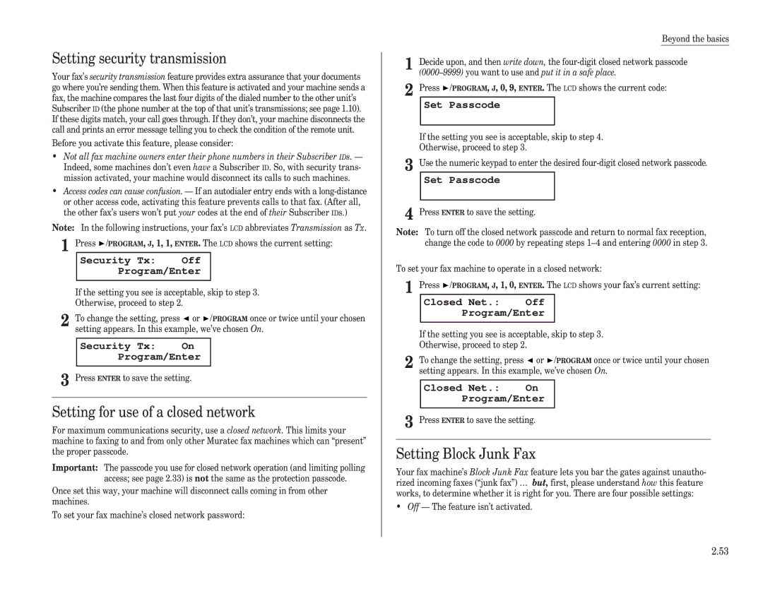 Muratec F-100, F-150, F-120 manual Setting security transmission, Setting for use of a closed network, Setting Block Junk Fax 