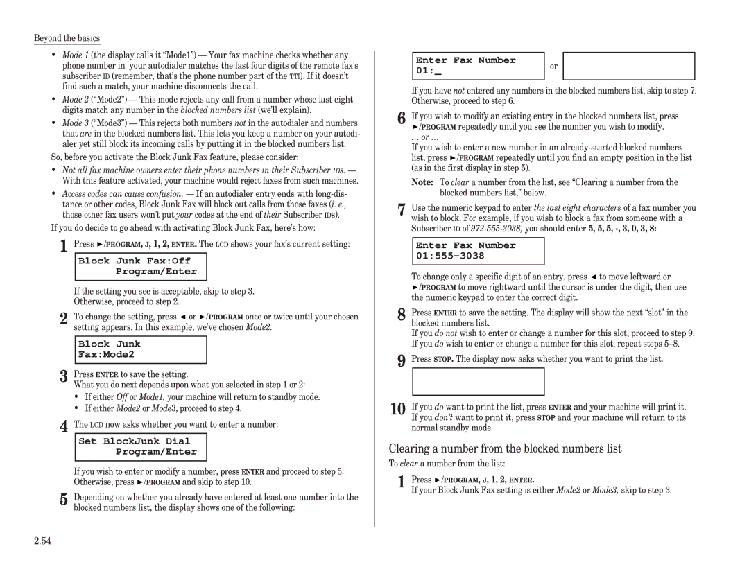 Muratec F-120, F-150 Clearing a number from the blocked numbers list, Block Junk FaxOff Program/Enter, Block Junk FaxMode2 