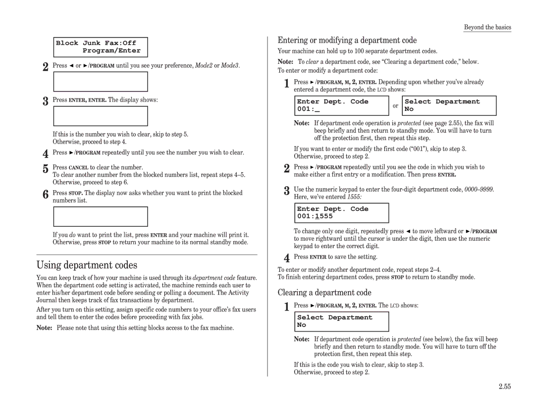 Muratec F-150, F-100, F-120 Using department codes, Entering or modifying a department code, Clearing a department code 