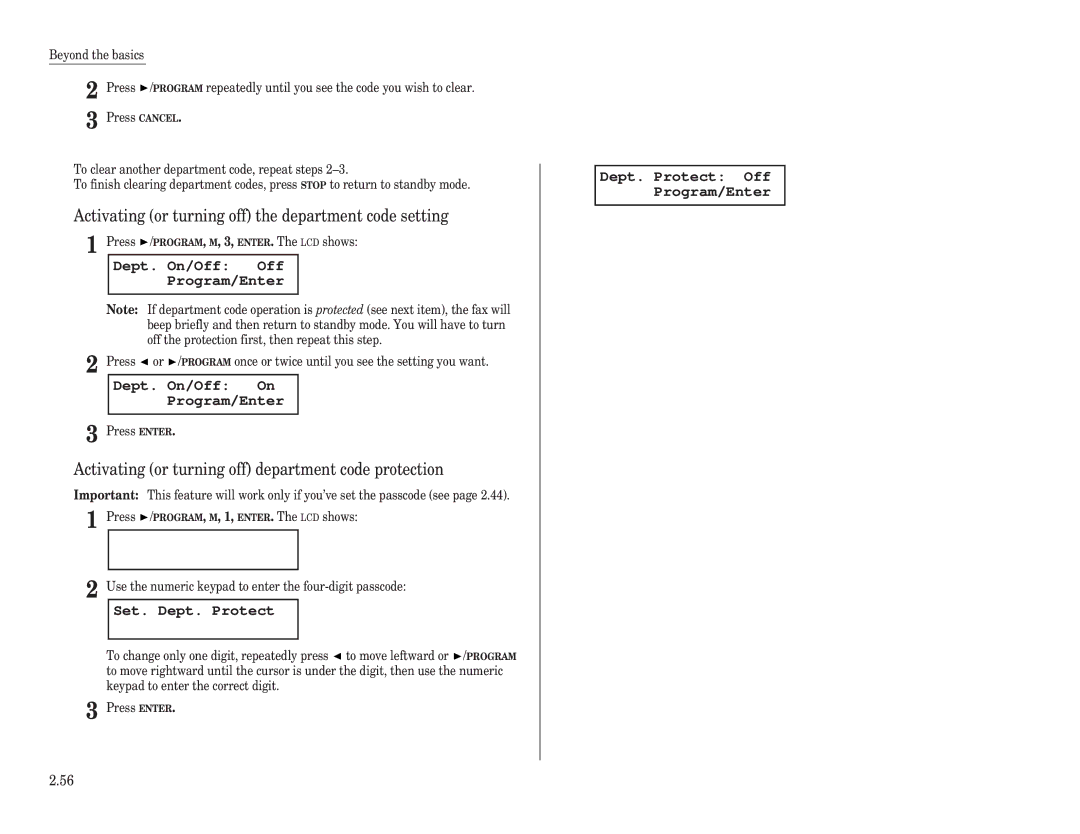 Muratec F-100 Activating or turning off the department code setting, Activating or turning off department code protection 