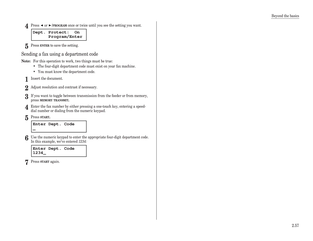 Muratec F-120 Sending a fax using a department code, Dept. Protect On Program/Enter, Enter Dept. Code, Press Start again 