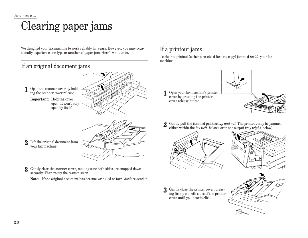 Muratec F-120, F-150, F-100 manual Clearing paper jams, If an original document jams, If a printout jams 