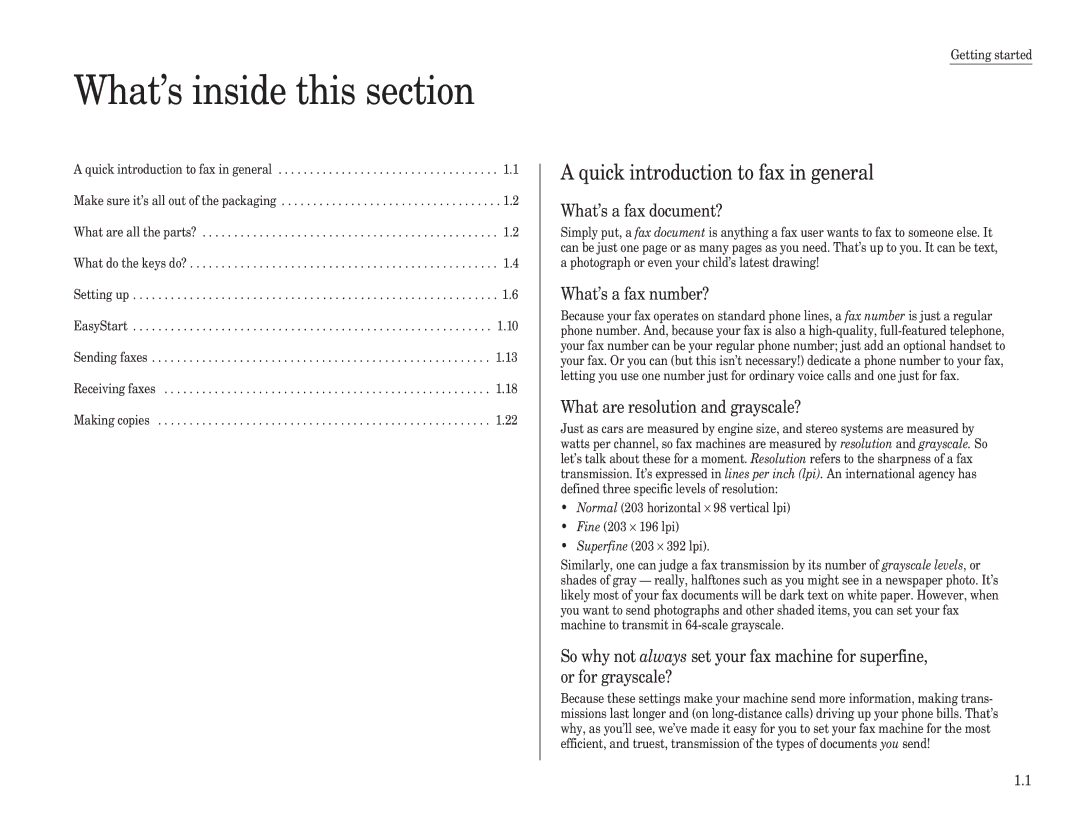 Muratec F-150, F-100, F-120 manual What’s inside this section, Quick introduction to fax in general, What’s a fax document? 