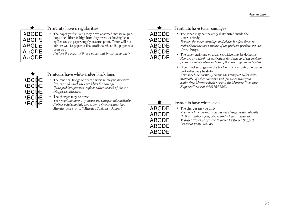 Muratec F-120, F-150 Printouts have irregularities, Printouts have white and/or black lines, Printouts have toner smudges 