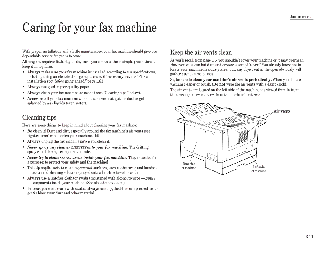 Muratec F-120, F-150, F-100 manual Caring for your fax machine, Cleaning tips, Keep the air vents clean 