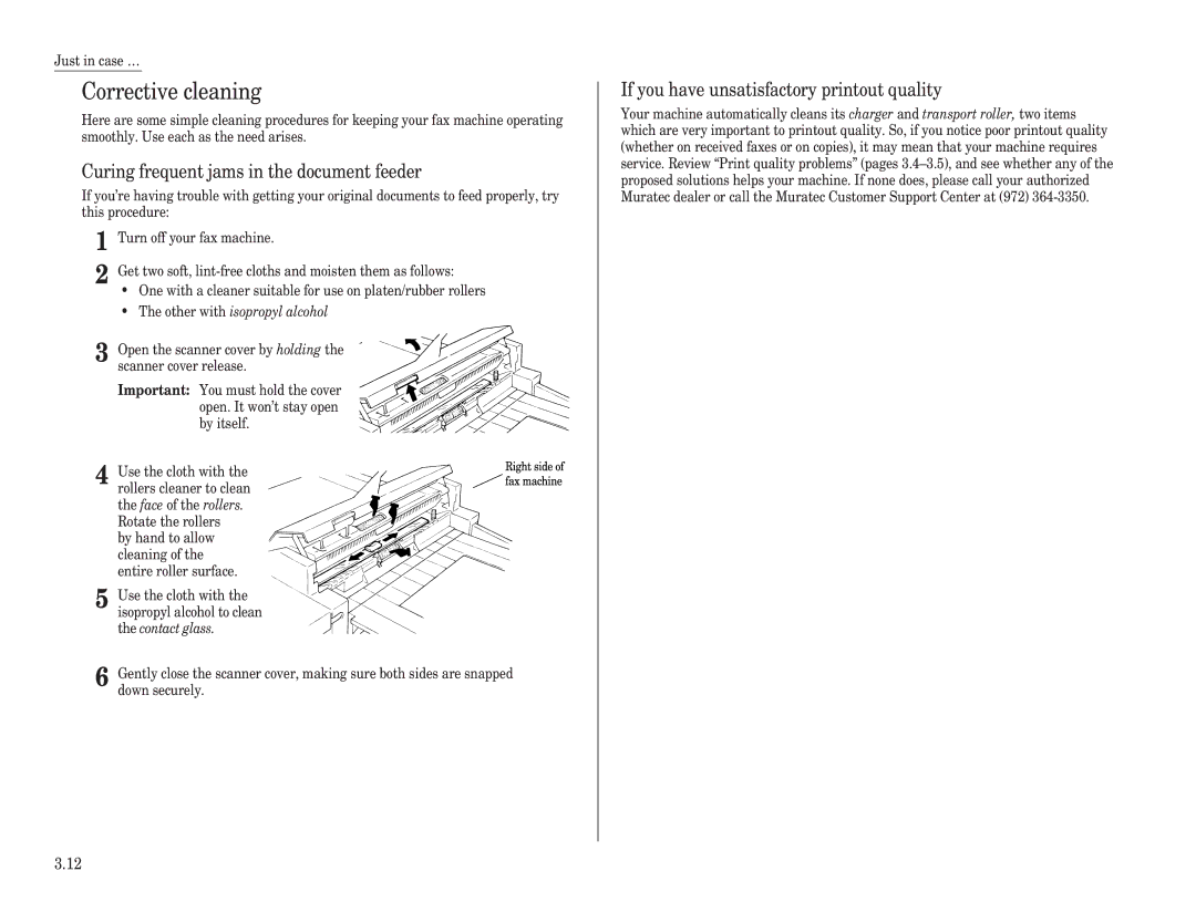 Muratec F-150, F-100, F-120 Corrective cleaning, Curing frequent jams in the document feeder, Other with isopropyl alcohol 