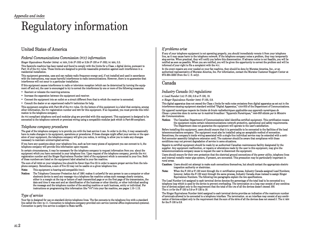 Muratec F-120, F-150, F-100 Regulatory information, Appendix and index, Federal Communications Commission FCC information 