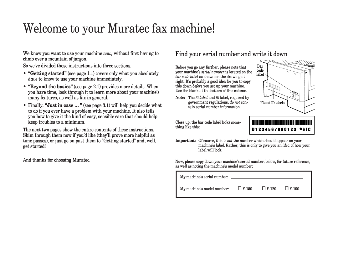 Muratec F-120, F-150, F-100 manual Welcome to your Muratec fax machine, Find your serial number and write it down 