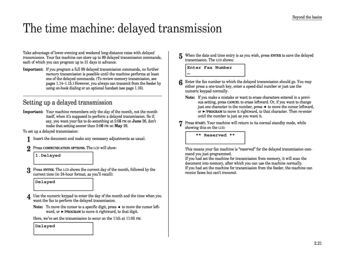 Muratec F-120 The time machine delayed transmission, Setting up a delayed transmission, Delayed, Enter Fax Number, 2.21 