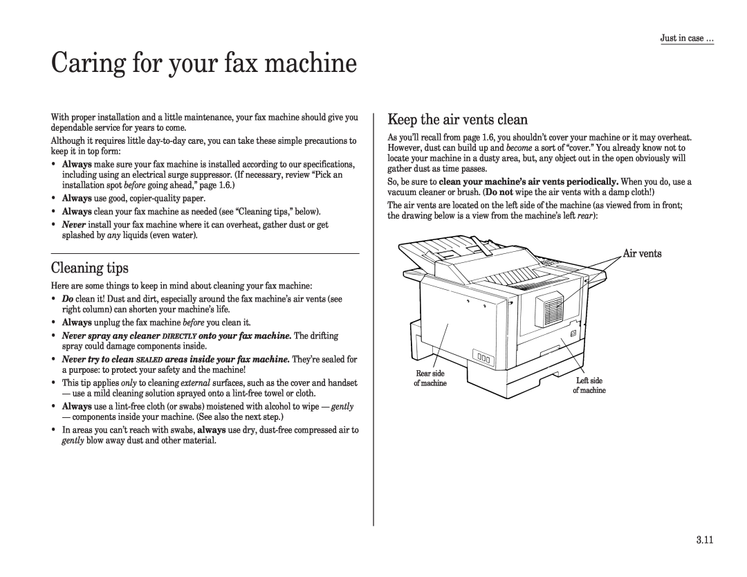 Muratec F-120, F-150, F-100 manual Caring for your fax machine, Cleaning tips, Keep the air vents clean, 3.11 